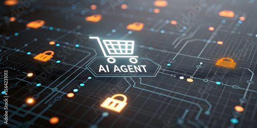 Ai agent with shopping cart and security locks on digital network background