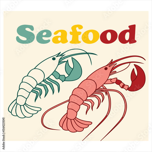 Stylized illustration of two colorful shrimp with the word seafood above them