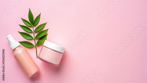 Organic skincare products with green leaf on pink background beauty cosmetic