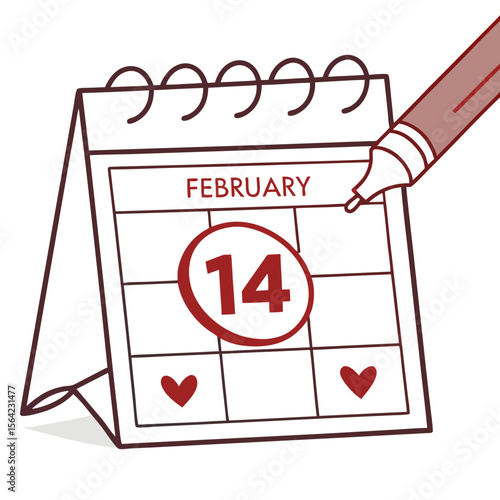 February fourteenth marked on calendar with hearts marking