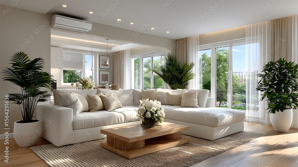 Fototapeta premium Cozy white sofa with green plants high resolution photo