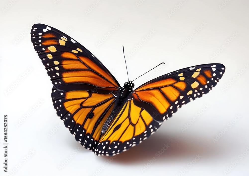 Naklejka premium close-up view of a vibrant orange and black butterfly with outstretched wings on a white background conveying delicate beauty and tranquility