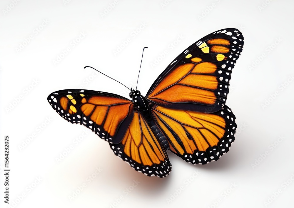 Obraz premium close-up of a vibrant orange and black butterfly with white spots resting on a white surface, displaying delicate wings fully spread