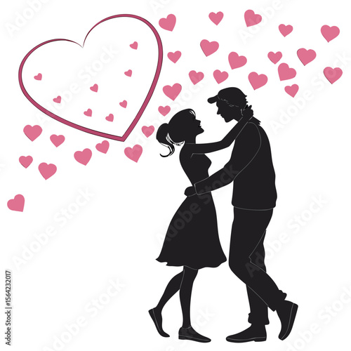 Romantic couple embracing surrounded by pink hearts romance love