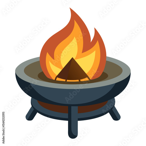 Dark blue fire pit with bright orange and yellow flames bonfire burning wood