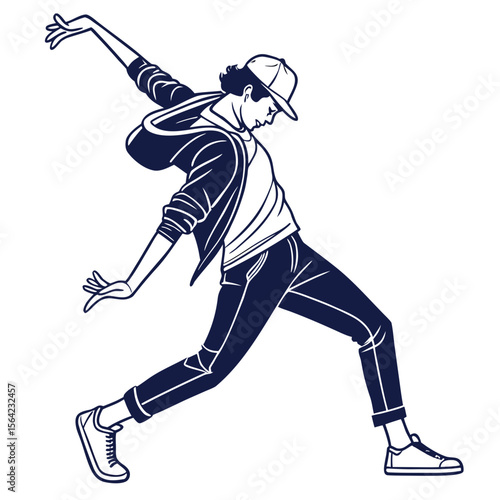 Stylized dancer in motion with cap and casual attire dancing hip hop