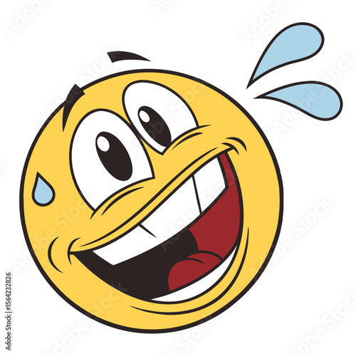 Joyful yellow face with wide open mouth and blue sweat drops emoji happy