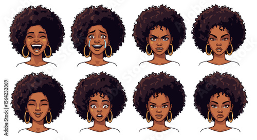 African american woman facial expressions vector illustration