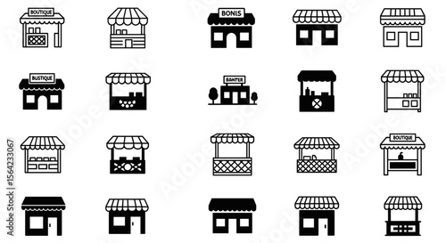 Collection of market stall and shop front vector icons