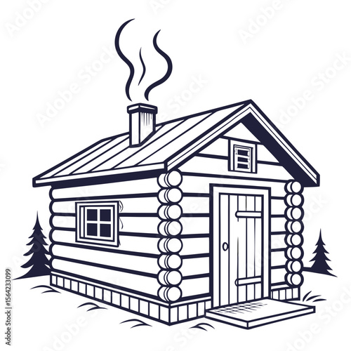 Rustic log cabin with smoking chimney and surrounding pine trees smokehouse smoke