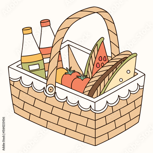 Woven basket filled with food and drinks picnic basket sandwich