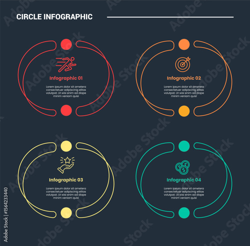 circle shape infographic process diagram with slice circle double line with small circle connector with dark background bright outline style