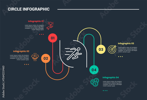 circle shape infographic process diagram with creative smooth line up and down center connected with dark background bright outline style