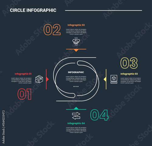 circle shape infographic process diagram with double line circle center cycle circular content around with dark background bright outline style vector