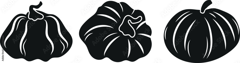 Naklejka premium set of minimalistic logos of round pumpkins with tails and white lines on them, for autumn themed designs