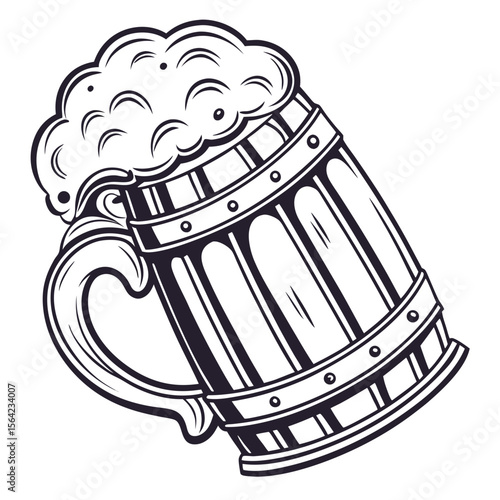 Frothy beer mug with wooden barrel design foam beverage