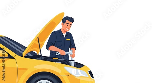 A mechanic working on a yellow car with the hood open using a wrench in a white background scene