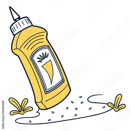 Yellow mustard bottle spilling onto white background with seeds condiment
