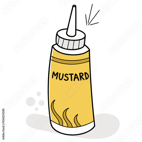 Yellow mustard squeeze bottle with black lettering condiment