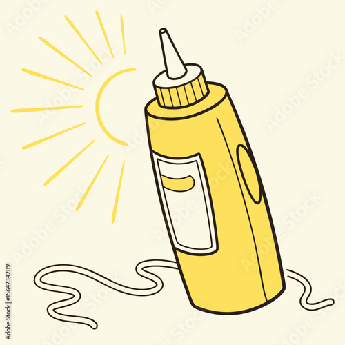 Yellow mustard bottle with sun rays and dripping sauce condiment