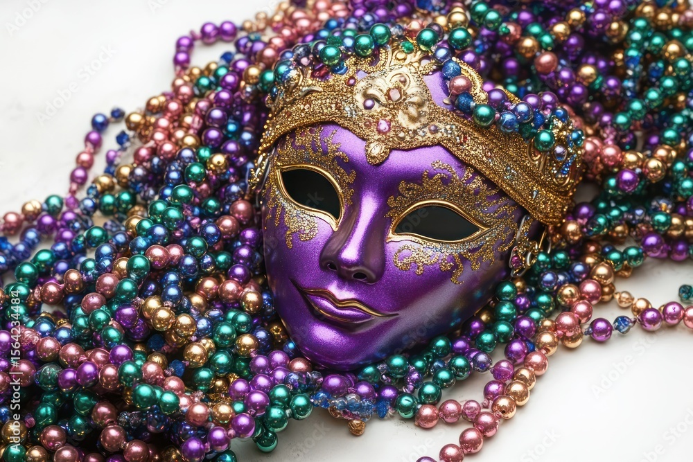 Fototapeta premium A pile of colorful metallic beads in shades of purple, green, gold, pink, and blue scattered together with intricate golden charms and decorative elements, evoking festivity and celebration