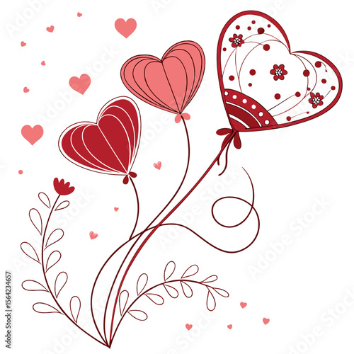 Red and pink hearts with floral accents valentine love