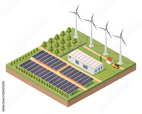 wind turbine and solar panels. Isometric view
