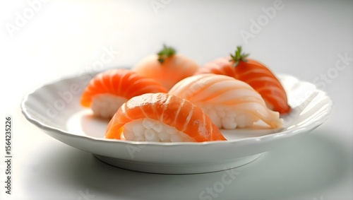 Three pieces of sushi served in a white bowl on a table surface, highlighting individual portions in a bright food presentation