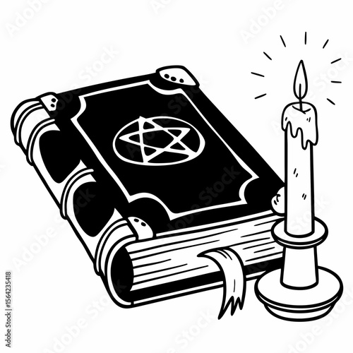 Black magic book with pentagram and lit candle spellbook