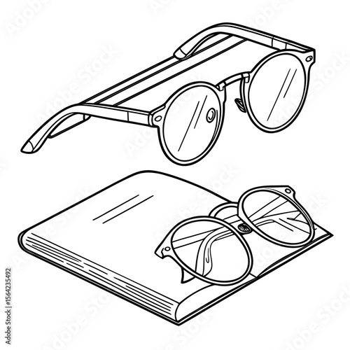 Round eyeglasses resting on an open book reading glasses optical