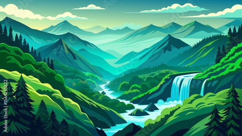 The green valleys and roaring waterfalls of Great Smoky Mountains National Park fill the scene with moisture-laden mist, as Appalachian ridges fade into blue distance.
