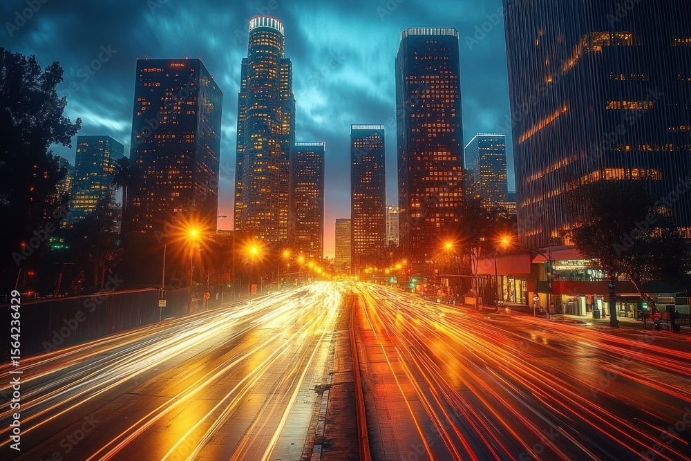 Fototapeta premium Nighttime cityscape with illuminated skyscrapers and vibrant long exposure light trails from busy highway traffic under dramatic cloudy sky