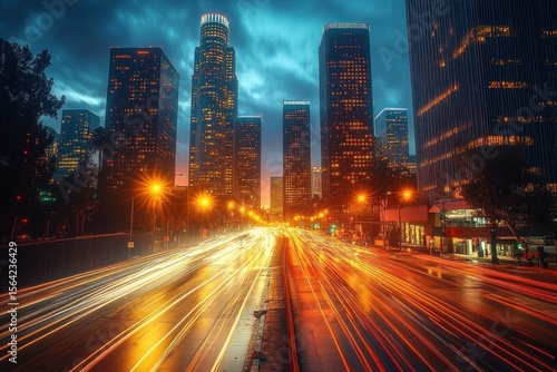 Wallpaper Mural Nighttime cityscape with illuminated skyscrapers and vibrant long exposure light trails from busy highway traffic under dramatic cloudy sky Torontodigital.ca