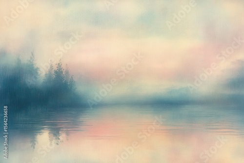 Fototapeta Naklejka Na Ścianę i Meble -  Calm misty lake at dawn with pastel soft clouds and faint silhouettes of trees reflected on the water surface, evoking peaceful and serene atmosphere