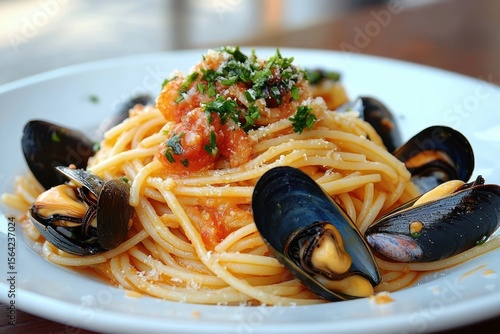 Wallpaper Mural Plate of spaghetti pasta with tomato sauce, garnished with parsley and sprinkled cheese, surrounded by cooked black mussels on a white plate Torontodigital.ca