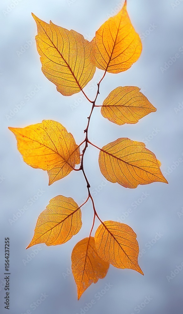 Fototapeta premium Delicate orange autumn leaves with visible veins on thin branches glowing against a soft gray sky background