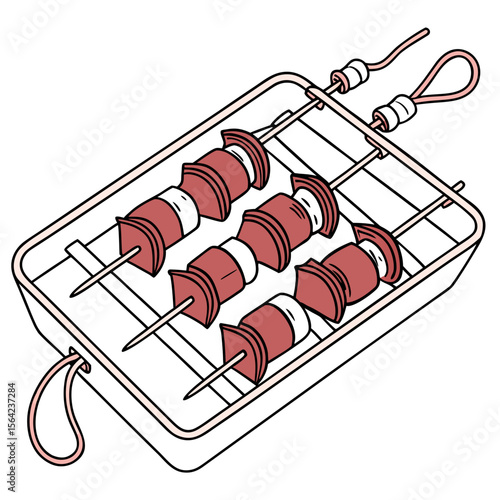 Barbecue skewers with meat and fat on rack grill