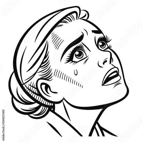 Distressed woman crying looking up vintage comic style vintage comic book style emotional