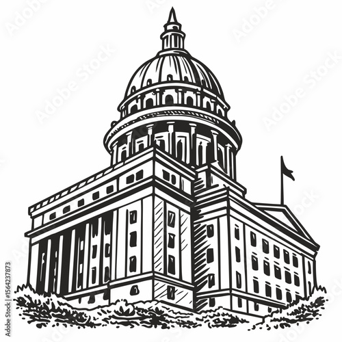 Grand dome building with columns and flag government building architecture