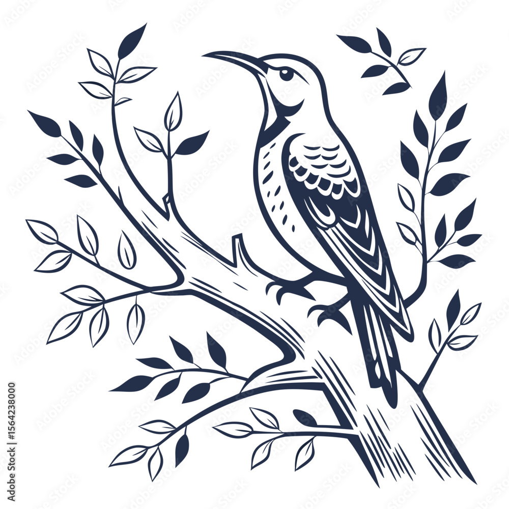 Fototapeta premium Dark blue bird perched on a branch with leaves nature vintage