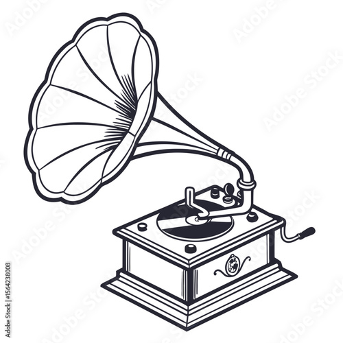 Vintage gramophone playing music with large horn retro audio