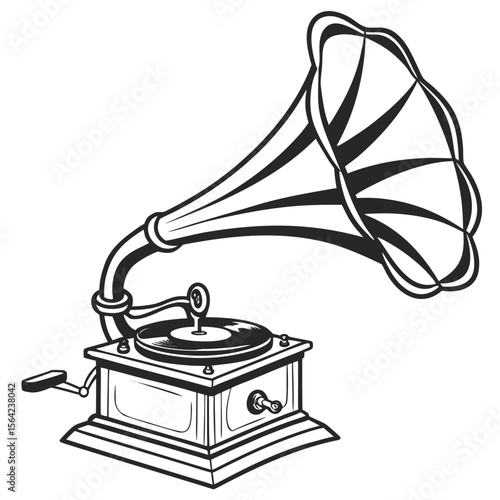 Vintage gramophone playing music with ornate horn phonograph antique