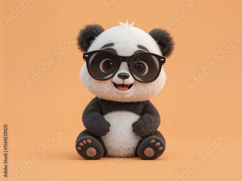 Adorable Baby Panda in Star Sunglasses Sitting on Soft Orange Background, 3D Render