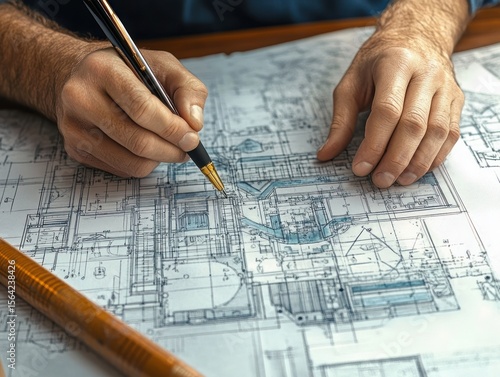 Close-up of hands working on detailed architectural blueprints with a pen and a wooden ruler on the side