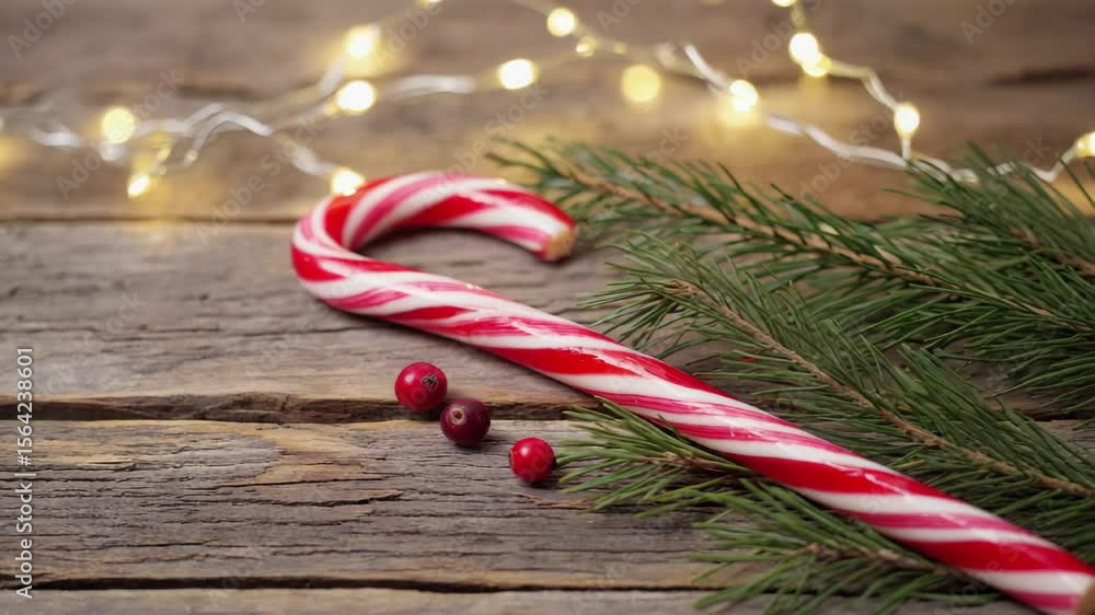 Festive peppermint candy cane with berries and pine branches on rustic wooden background
