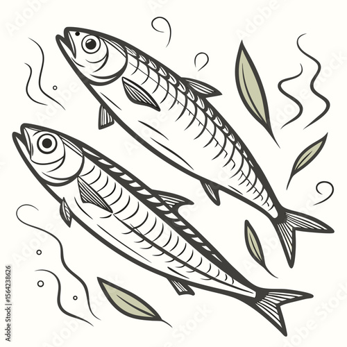Two fish with decorative elements on white background seafood illustration