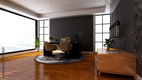3d office minimalist room with wooden design interior