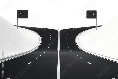 A black asphalt road diverging into two directions with clear white lane markings and signs indicating left and right turns on a minimal white landscape
