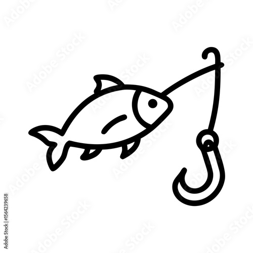 Fishing Icon: A minimalist graphic depicts a fish caught on a hook, showcasing a simple yet impactful representation of angling and the fishing pursuit.