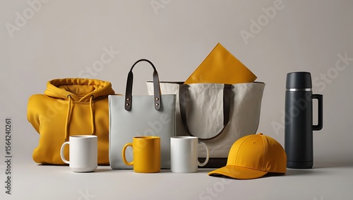 Yellow hoodie canvas tote bag and grey tote bag with mugs and thermos white
